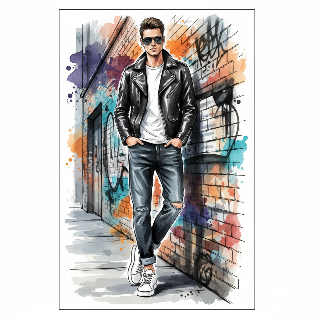 Fashion illustration of a person wearing a leather jacket, white t-shirt, dark jeans and sneakers with sunglasses, street style, full body