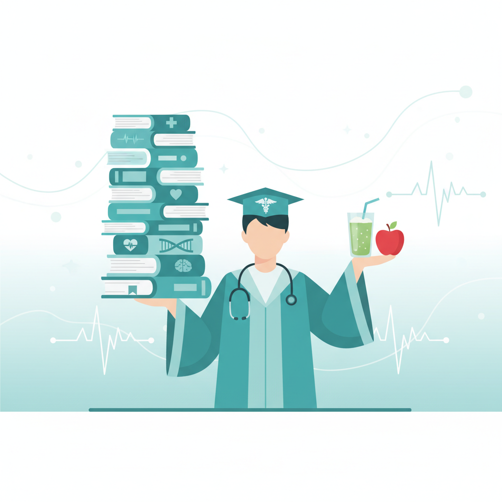 Minimalist illustration of a student balancing a stack of books in one hand and a healthy green smoothie or apple in the other, teal and white medical theme, clean vector art style