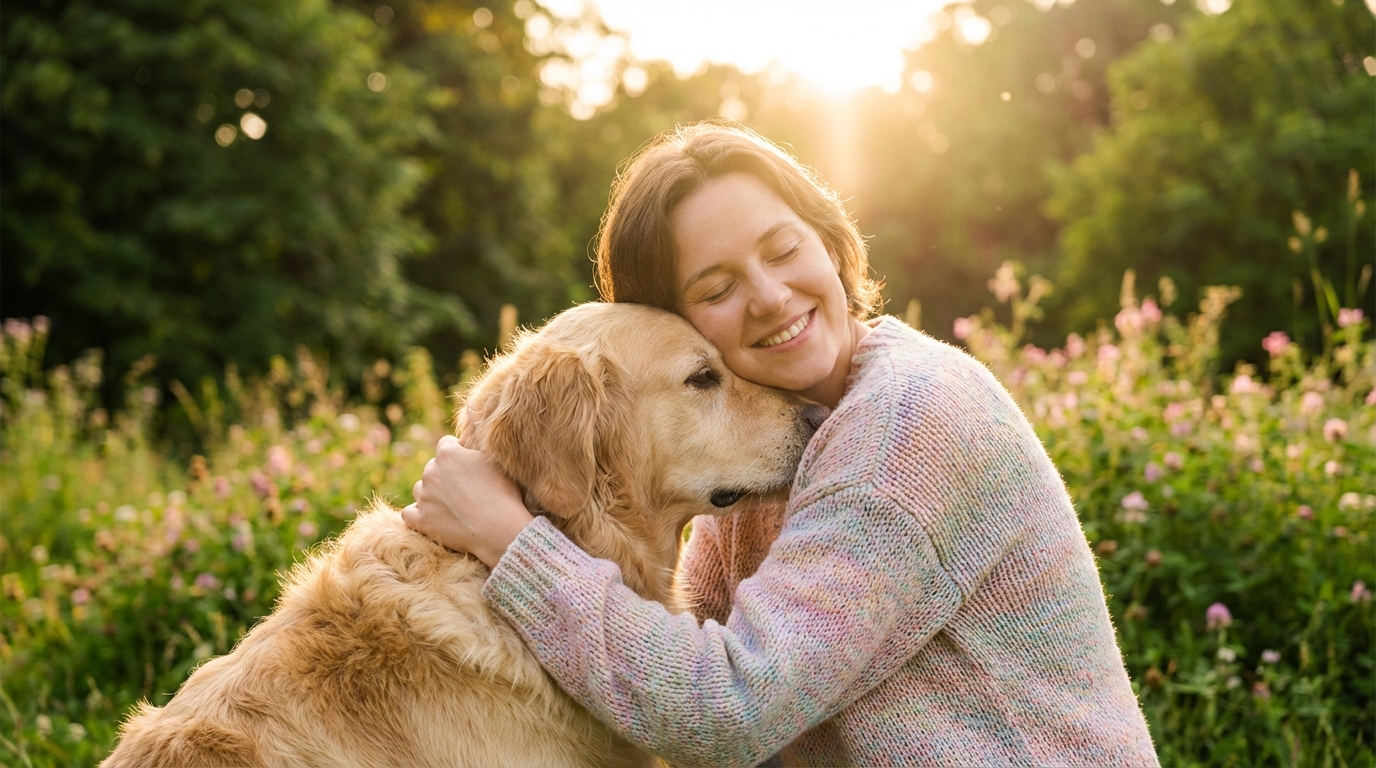 Happy person hugging a dog