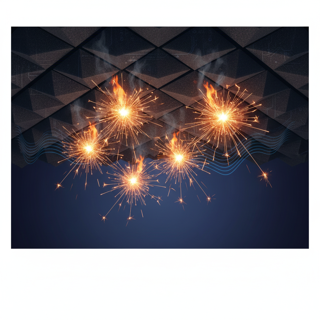 Scientific illustration of pyrotechnic sparklers igniting acoustic foam ceiling
