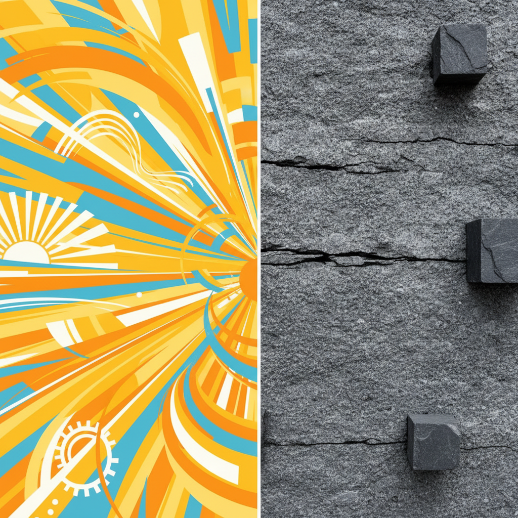 Conceptual split screen background, left side bright and active indicating change, right side solid stone indicating permanence, abstract minimalist style