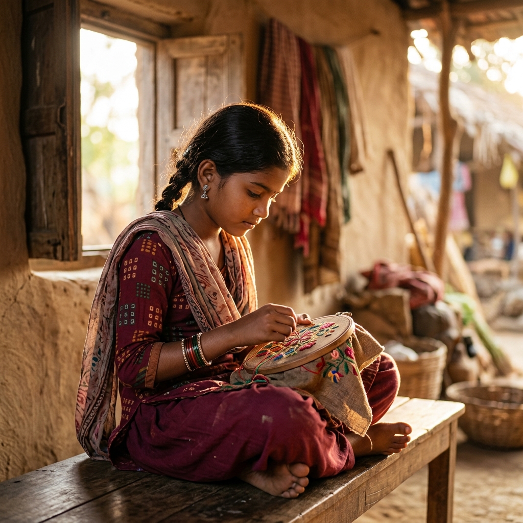 Young rural Indian girl weaving