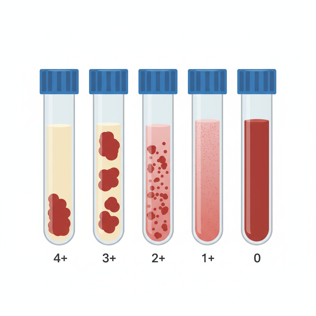 Blood bank test tubes showing agglutination grading, clean medical vector art