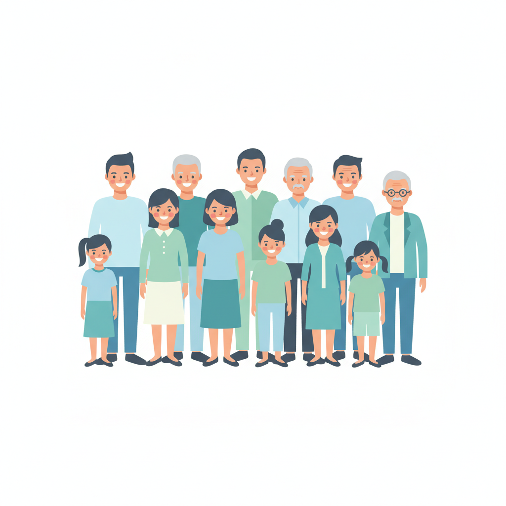 vector illustration of a diverse group of happy healthy people of different ages standing together, flat design, soft blue and green colors, white background, clean medical education style