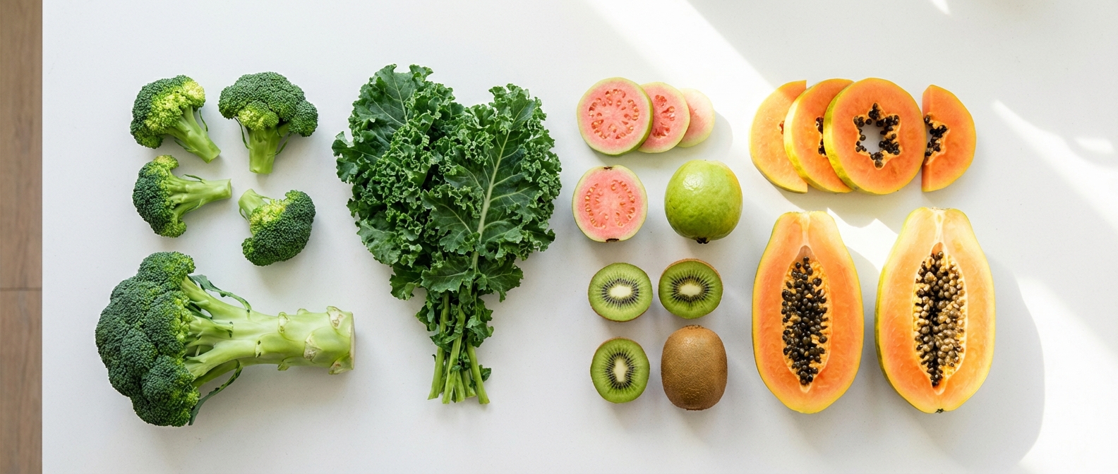 top-down view of broccoli, kale, guava, kiwi, and papaya arranged neatly on a clean kitchen counter, bright natural light, photorealistic
