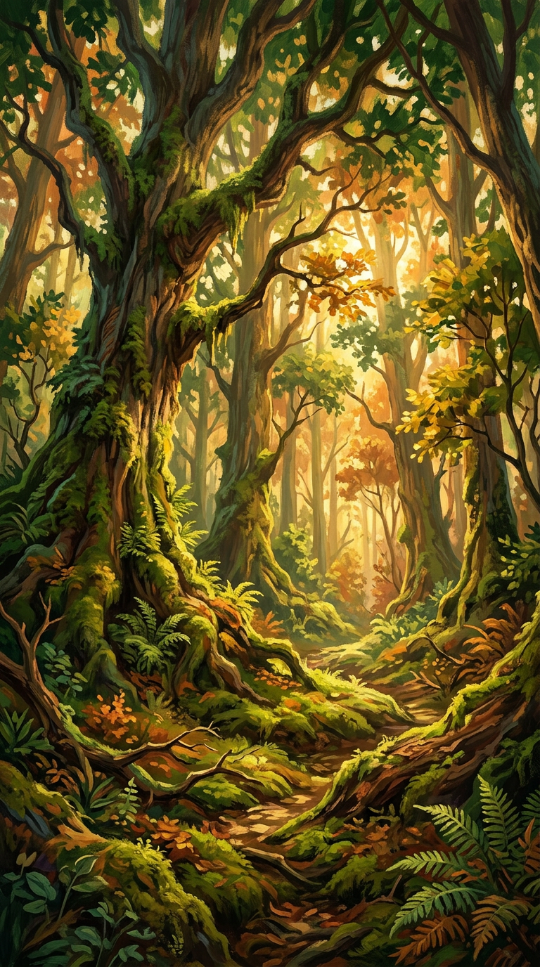 Lush painterly forest scene