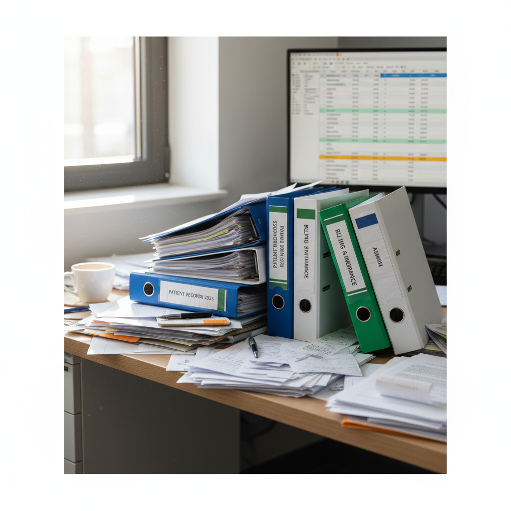 stack of paperwork and binders on a dentist desk, chaotic organization, excel spreadsheet background, photorealistic