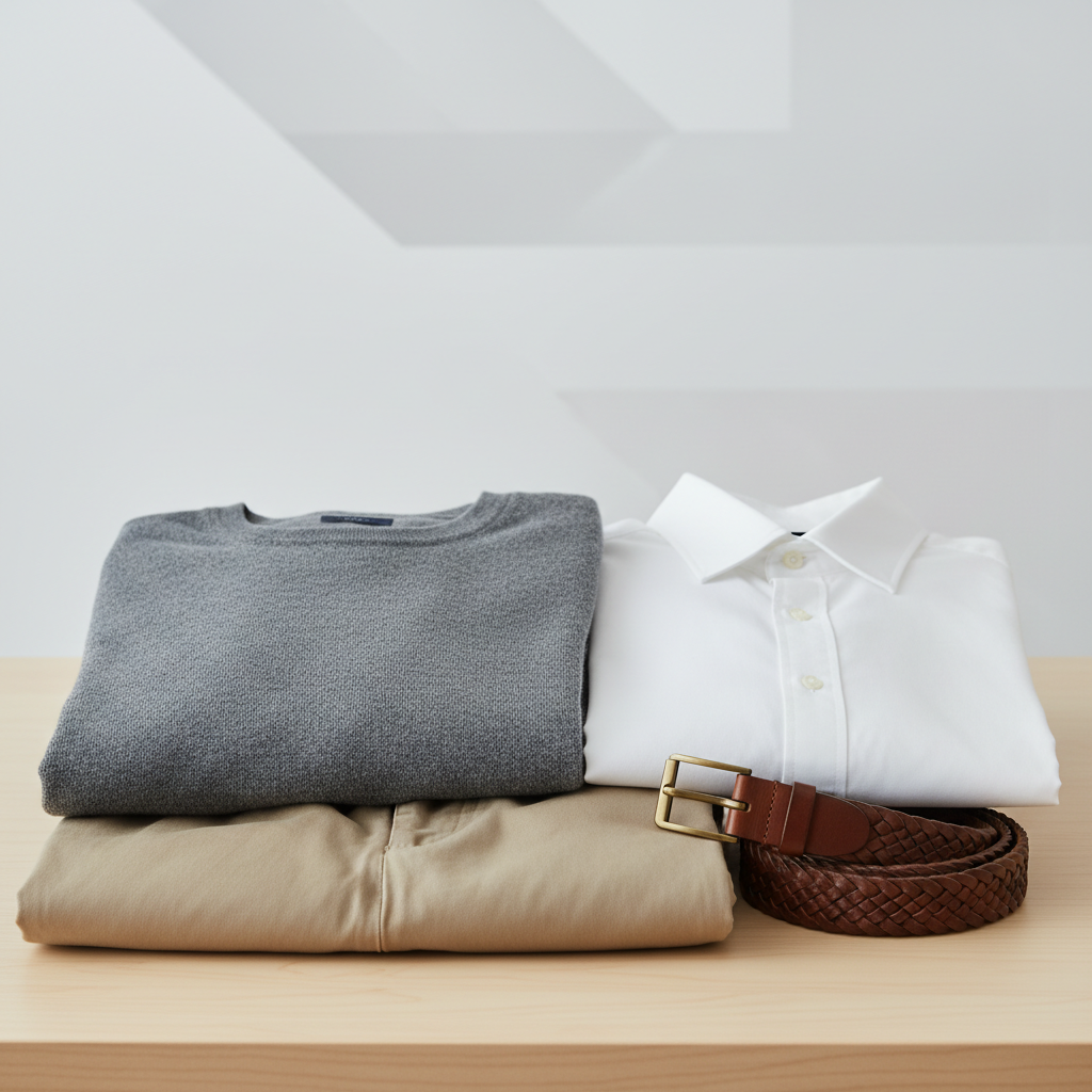Beige chinos folded with a grey sweater and white oxford shirt and brown belt
