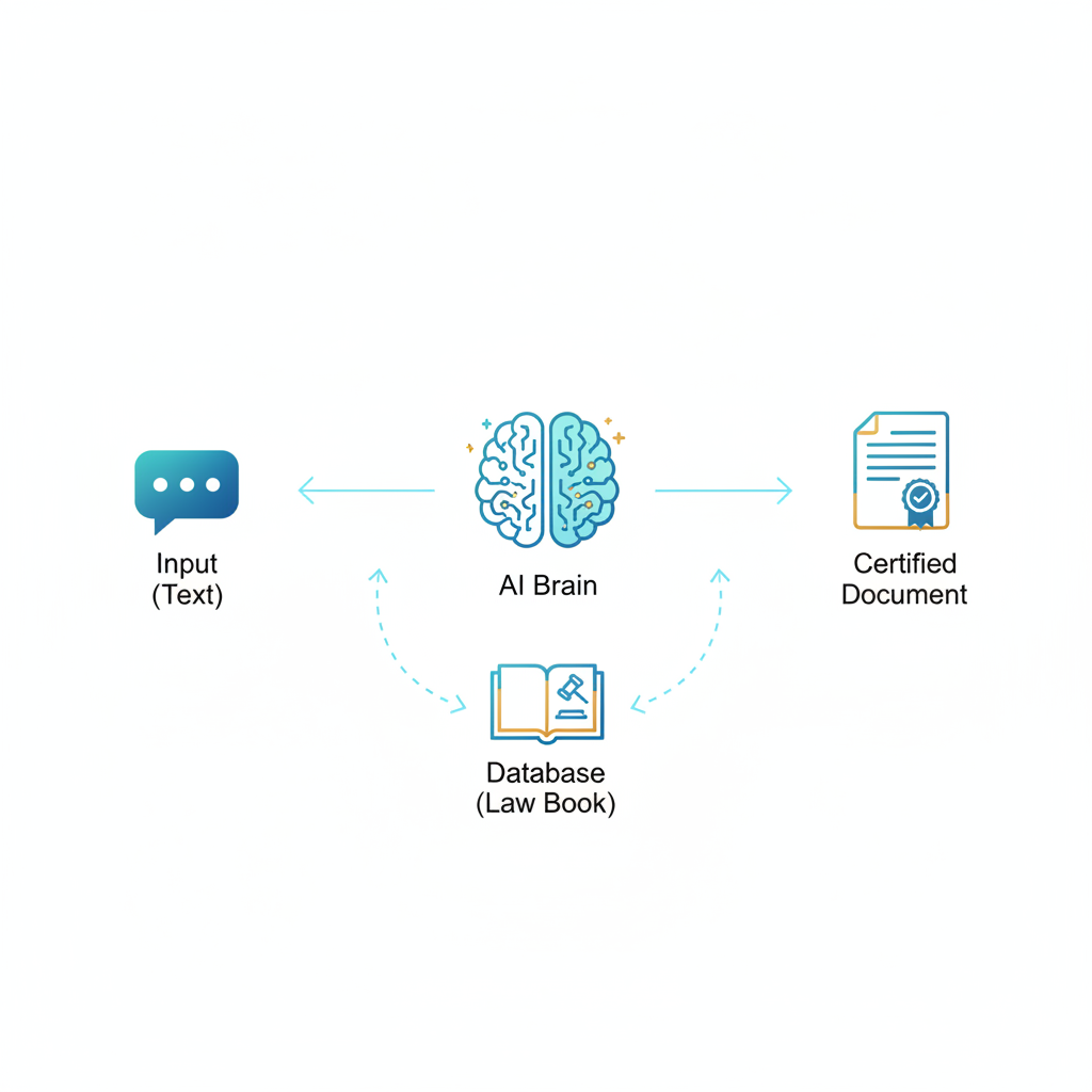 diagram of technical architecture: Input (Text) leads to AI Brain icon, which consults a Database (Law book icon), outputting a Certified Document icon. Clean modern infographic style, white background.