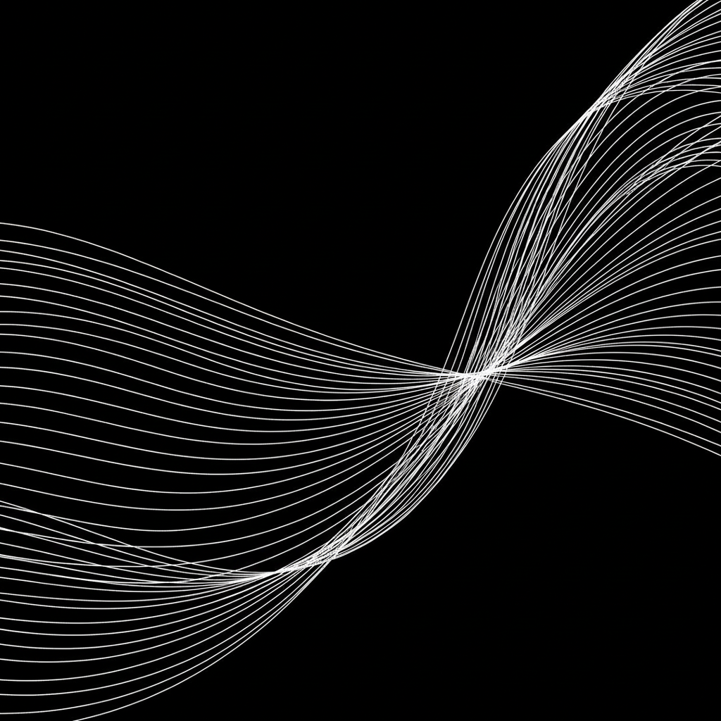minimalist abstract white wavy lines representing flowing fabric or velvet texture, white on black background, elegant line art