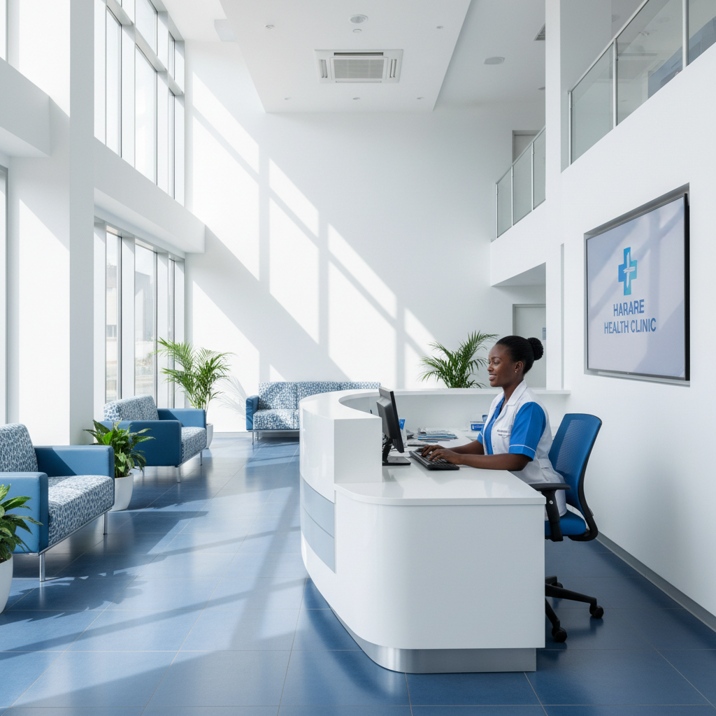 A modern, bright hospital reception area in Zimbabwe, clean white and blue color scheme, Black receptionist working at a computer, smiling, flooded with natural light, modern interior, high resolution, photorealistic