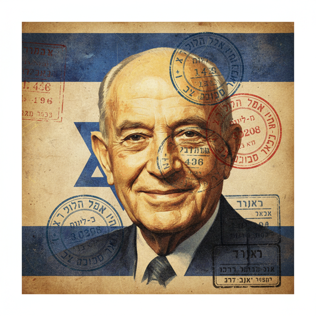 David Ben-Gurion smiling portrait, artistic style, warm lighting, israeli flag background texture, vintage passport stamp style