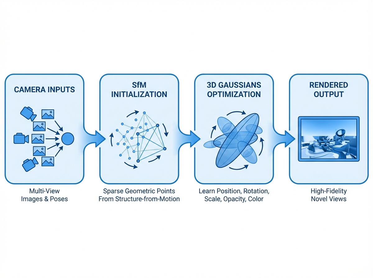 Technical diagram of 3D Gaussian Splatting workflow showing camera inputs, SfM points initialization, 3D Gaussians optimization, and rendered output, clean technical illustration with blue color scheme