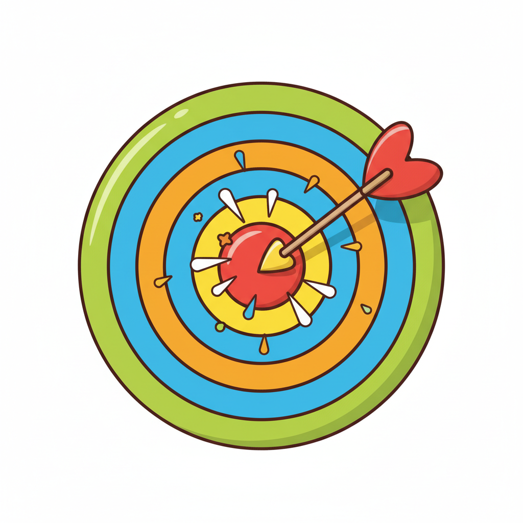 cartoon illustration of a target bullseye with an arrow hitting the center, colorful cute style