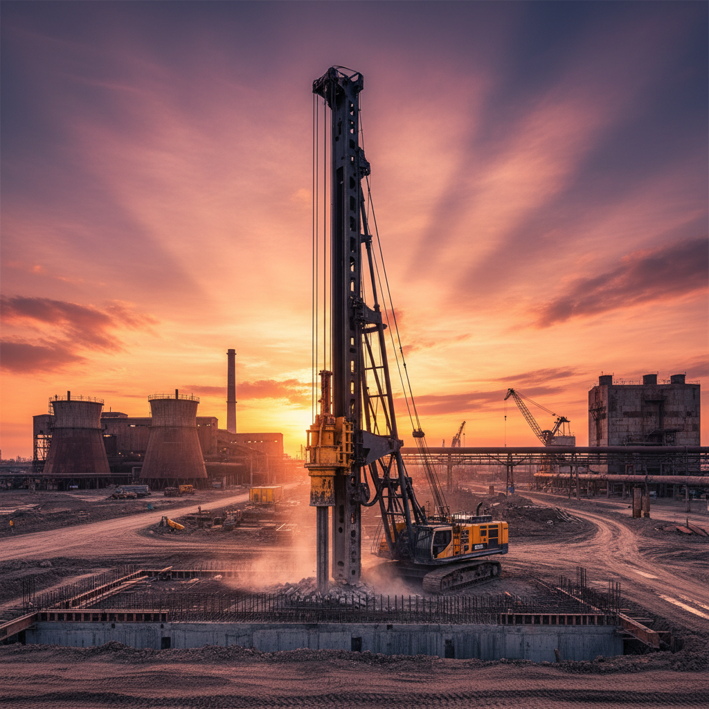 heavy construction piling rig foundation work sunset industrial site