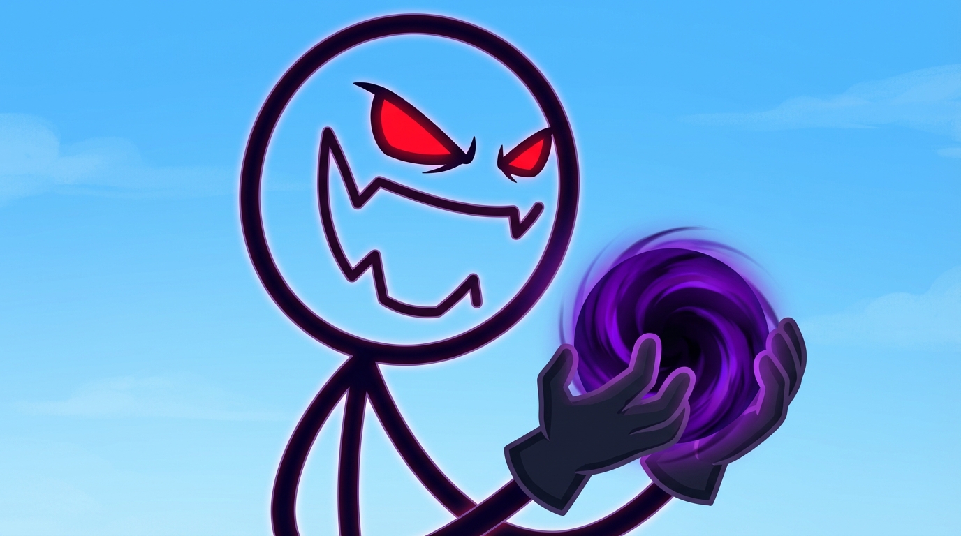Close up of the Villain stick figure laughing. Jagged mouth open, evil facial expression, holding a dark energy ball. Blue sky background.