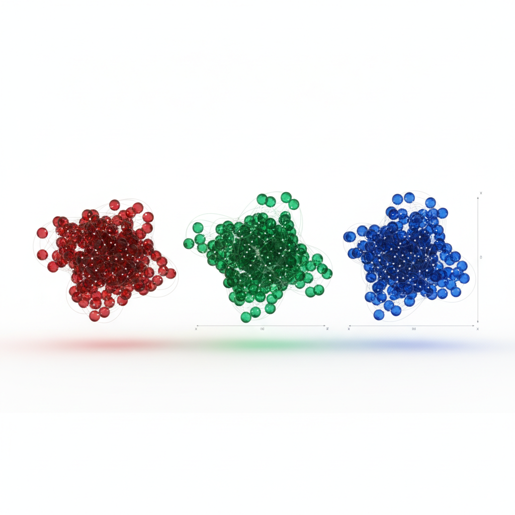abstract 3D data visualization showing three distinct clusters of dots in red green and blue, scientific style white background