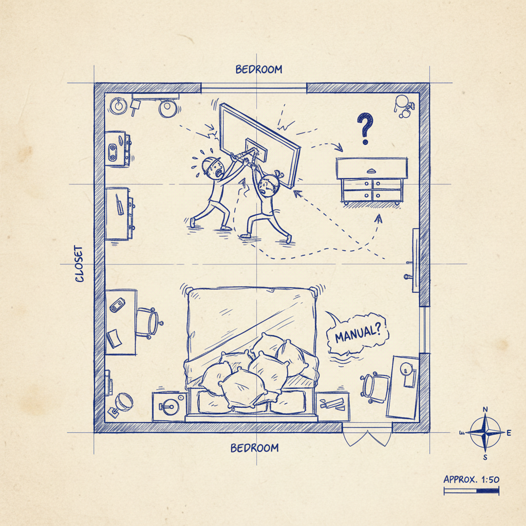 funny illustration of a bedroom plan with a tv being moved, blueprint style, hand drawn sketches