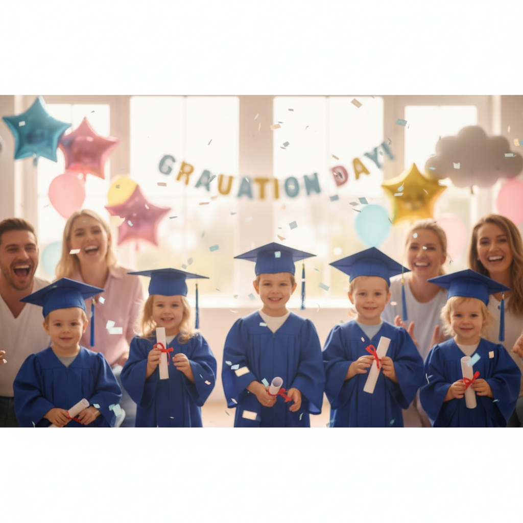 blurred background of a nursery graduation ceremony, soft focus, happy atmosphere