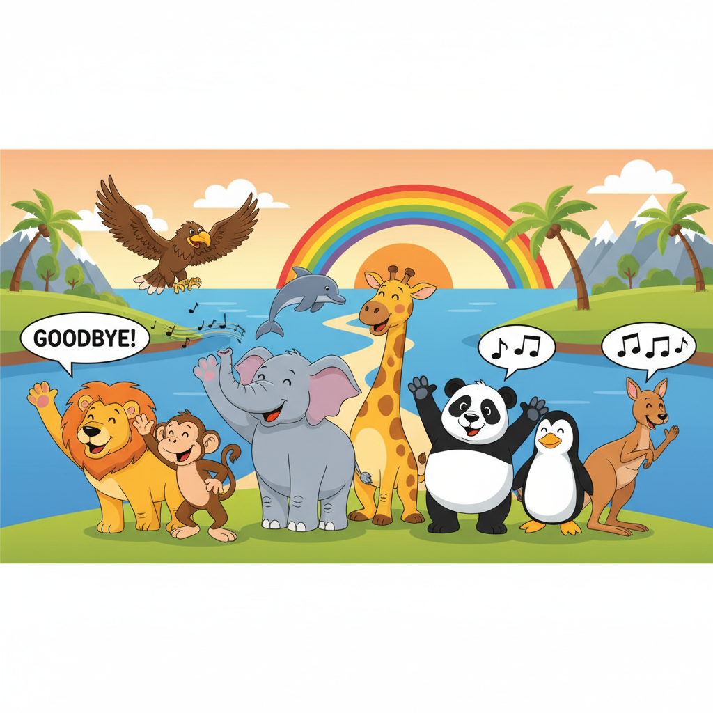 Group of animals from previous slides waving goodbye, cartoon style, happy