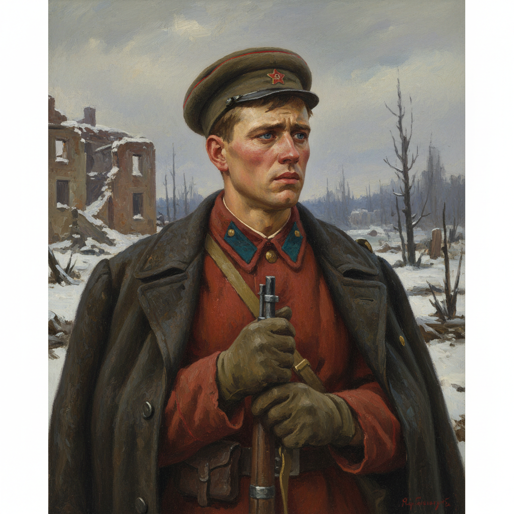 Red Army soldier Civil War uniform looking thoughtful sad expression realistic oil painting style