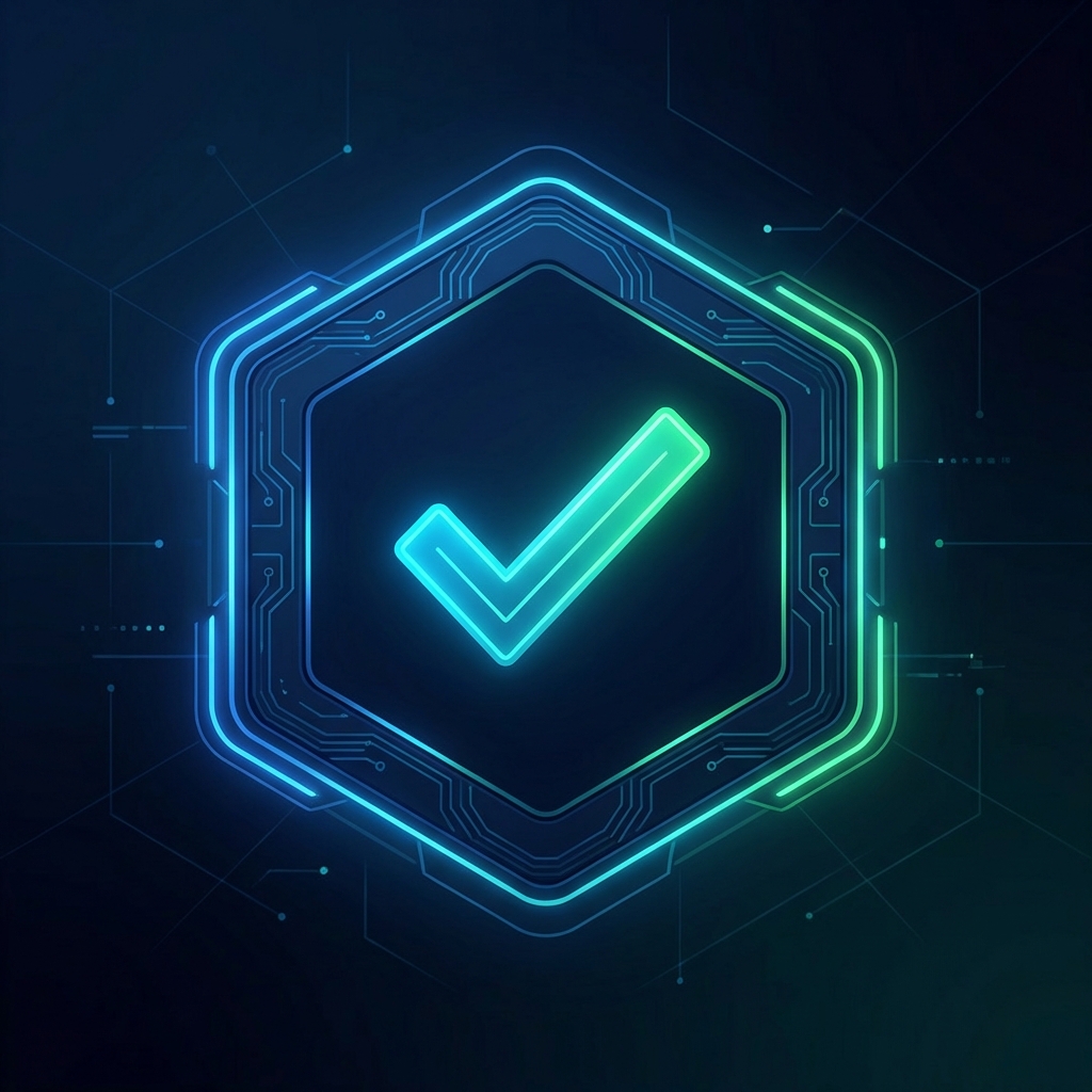 A glowing 'Mission Complete' or 'check mark' icon in a futuristic hexagon, cyan and green, dark background