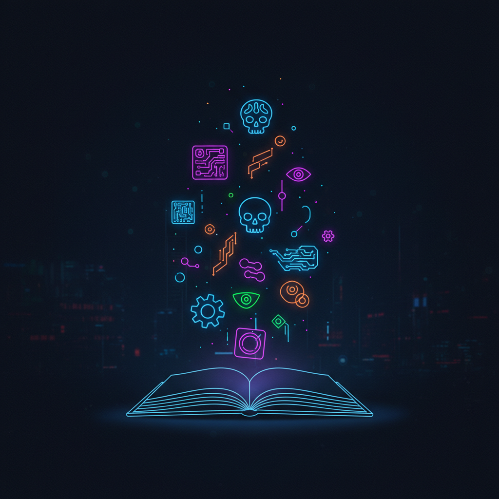 minimalist illustration of an open book with glowing neon digital icons floating above it, cyberpunk style on dark background