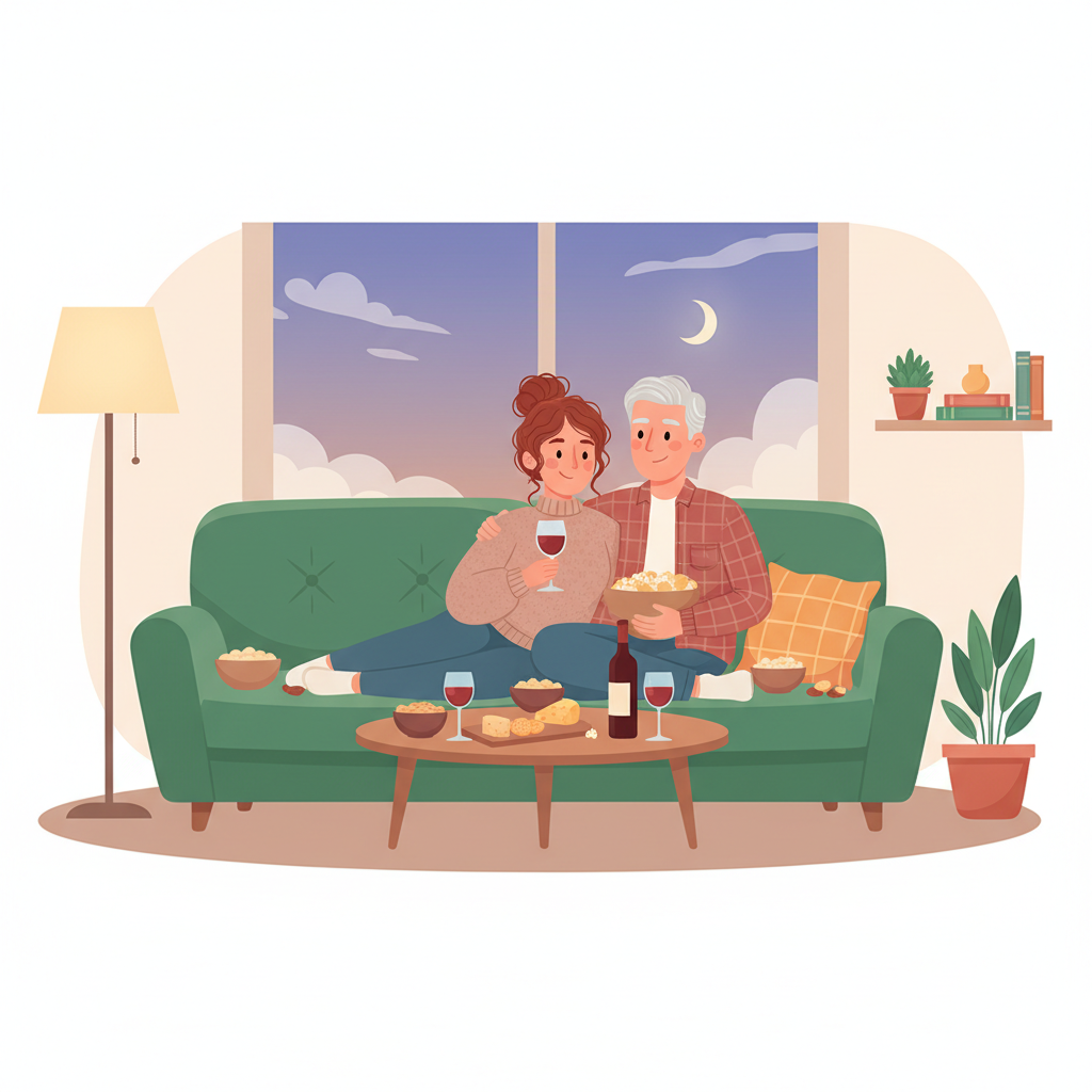 parents watching netflix on couch, relaxing, modern living room, digital art