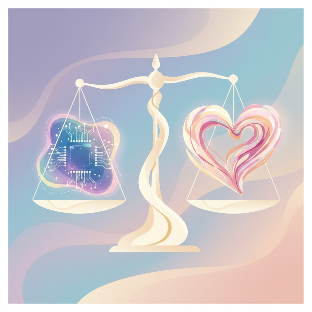 Abstract illustration of the scales of justice balanced with a microchip and a heart, soft colors