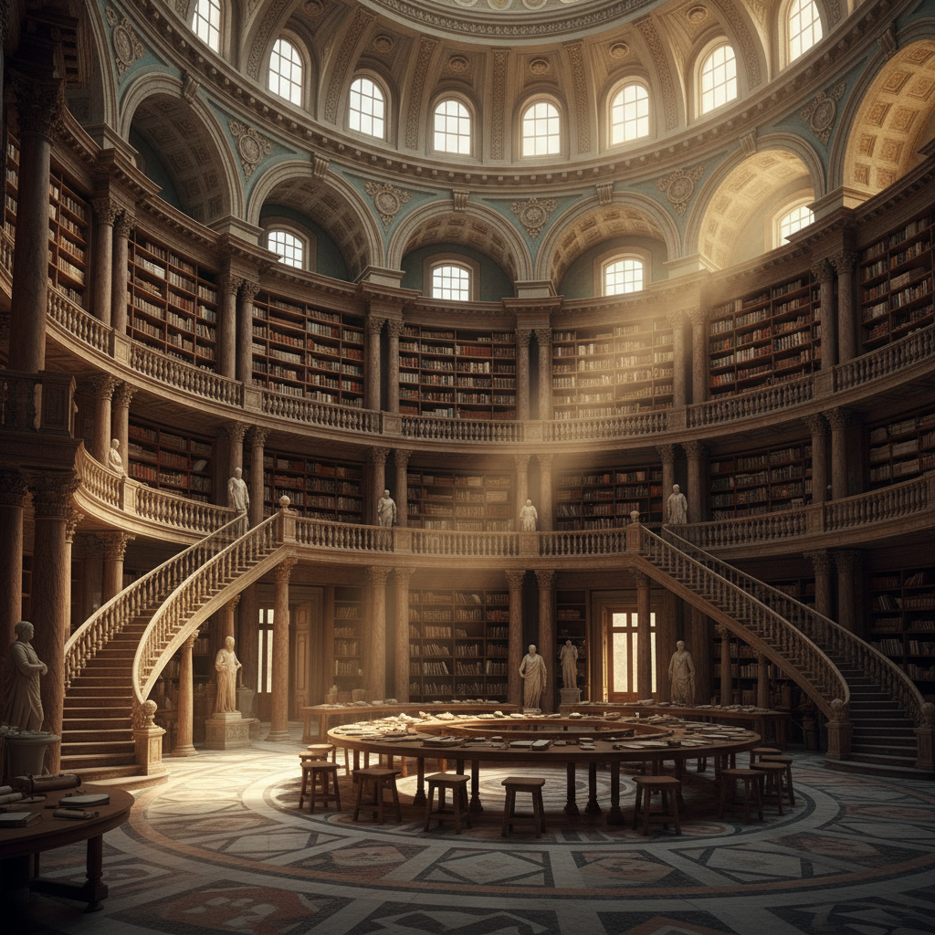 Interior of the Great Library of Alexandria with shelves of scrolls and sunlight beams, classical style