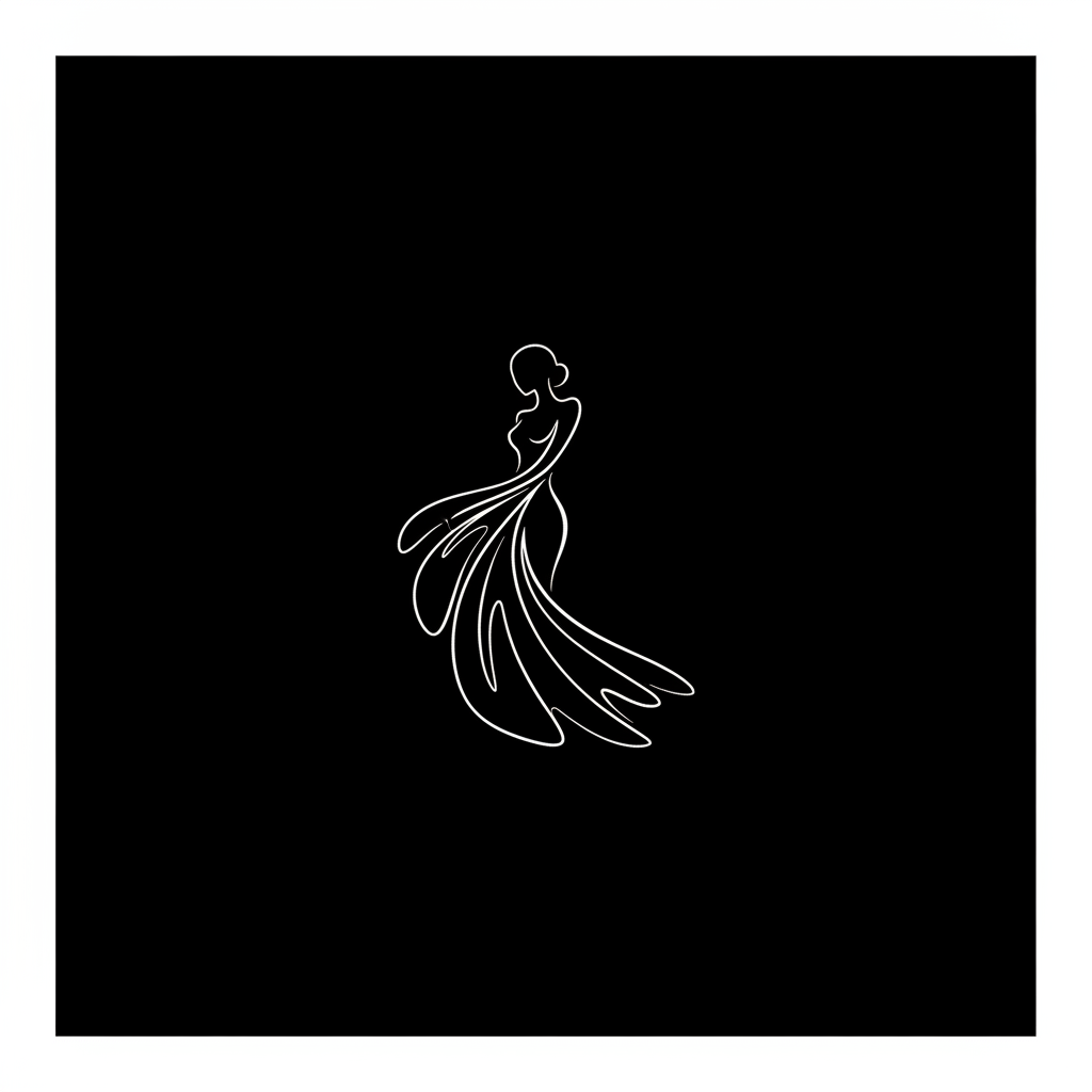 minimalist abstract white line art of a female silhouette merged with flowing fabric, entirely white lines on solid black background, vector style, elegant, high contrast