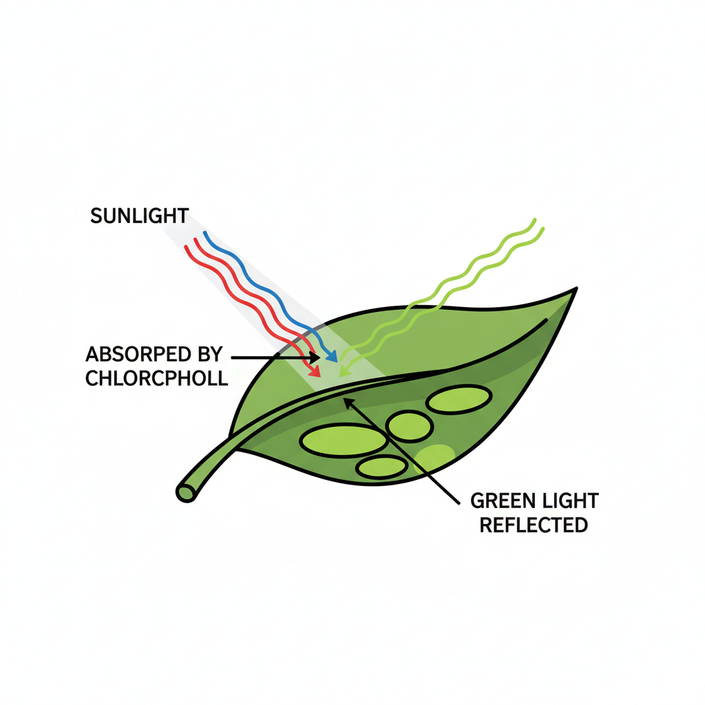 diagram showing sunlight hitting a leaf, red/blue absorbed, green reflecting back, educational vector style