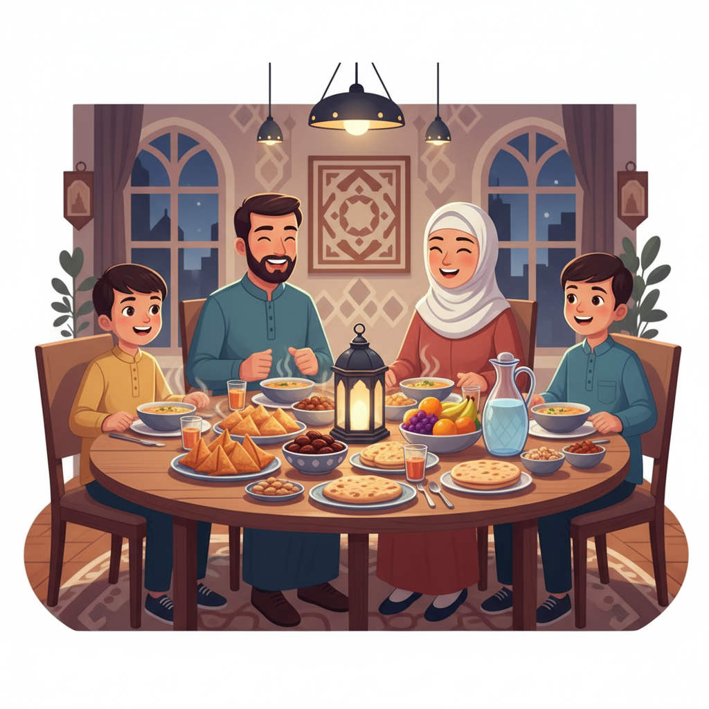 Happy muslim family sitting at dining table waiting for iftar, table full of delicious food, samosa, dates, happy faces, illustration style