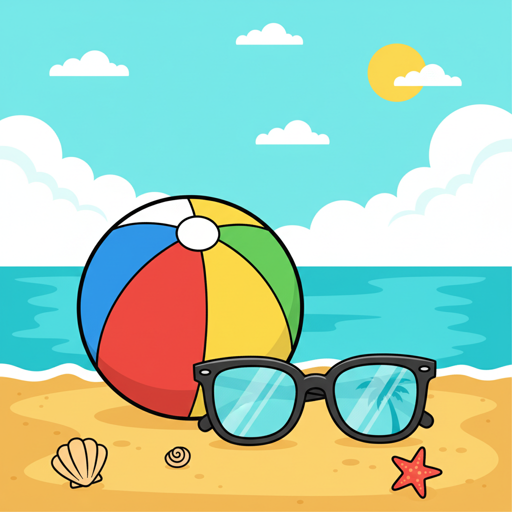 cartoon illustration of a beach ball and sunglasses on sand