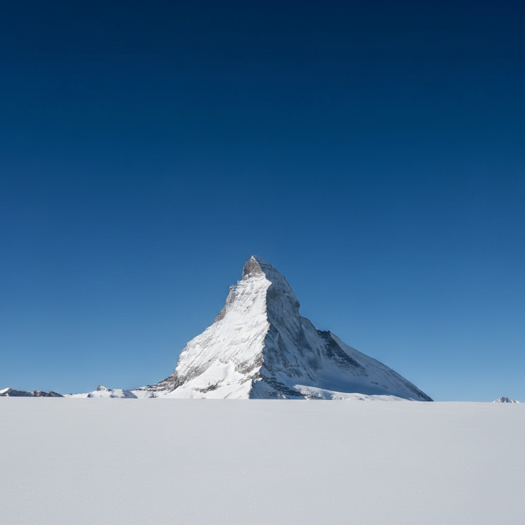 A clean mountain summit under a clear blue sky, representing achievement and clarity, minimalist style