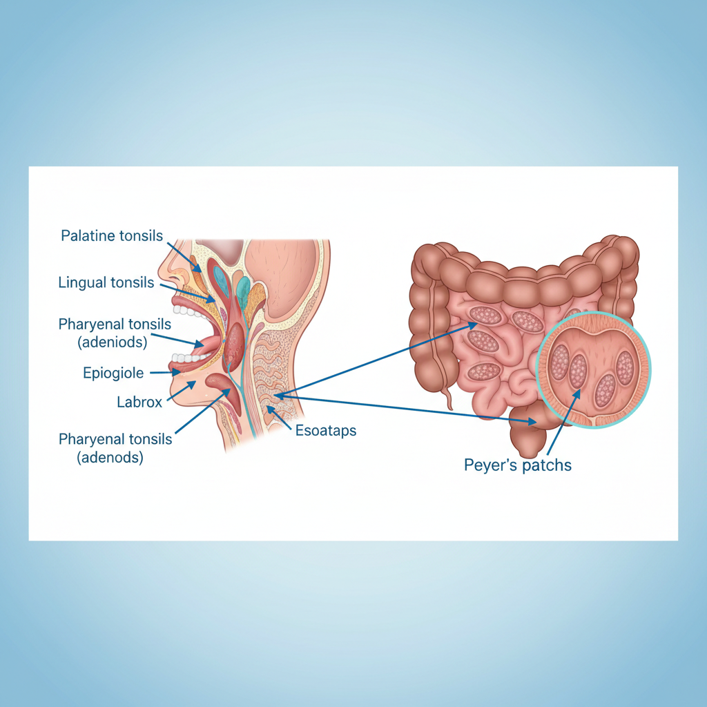 Anatomical diagram showing location of Tonsils in the throat and Peyer's patches in the intestine