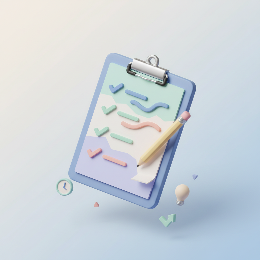 3D isometric clipboard with a checklist and a pencil, floating, soft pastel colors, productivity theme