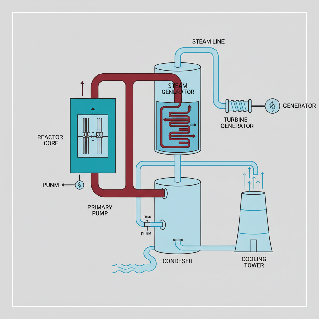 diagram of a pressurized water reactor nuclear power plant, distinct sections for reactor core, steam generator, turbine, cooling tower, clean educational style, schematic