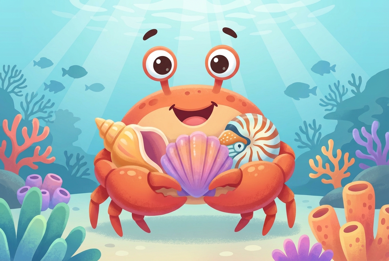 Cartoon crab holding a collection of seashells under the water, smiling, cute style