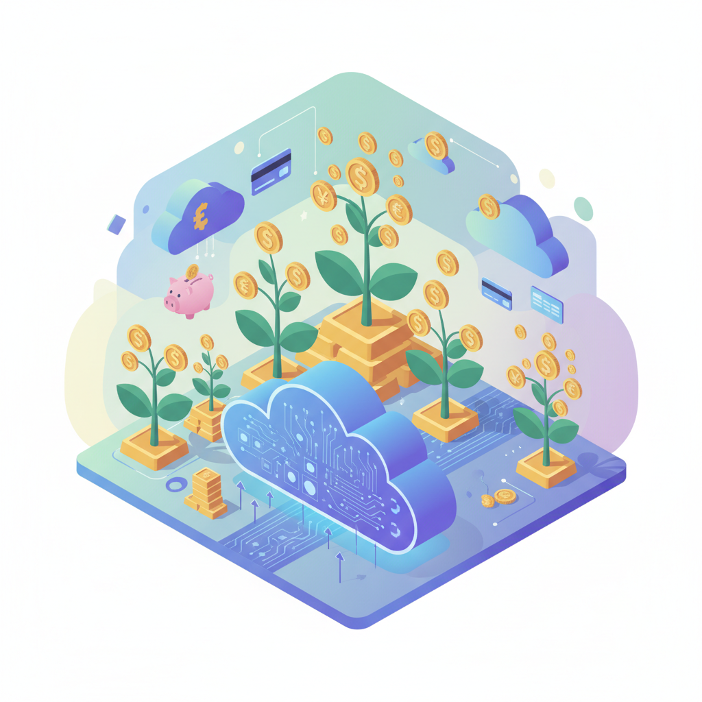 isometric illustration of passive income concept, growing plant money, digital scalability, soft colors