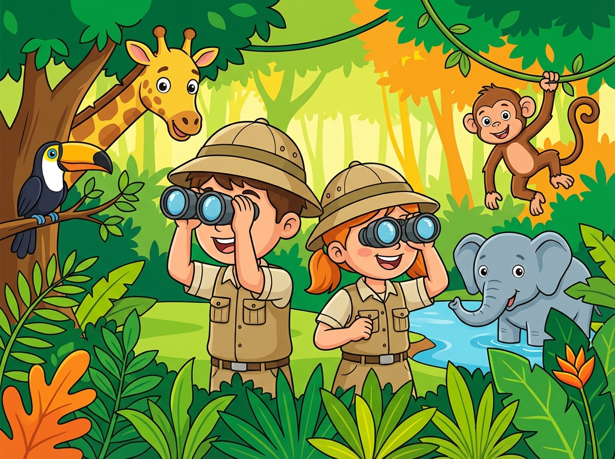 cute cartoon jungle explorer boy and girl looking at animals with binoculars, vibrant colorful vector art style, friendly, educational