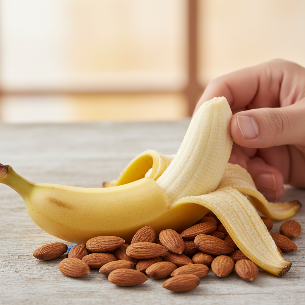 A banana and a handful of almonds, tasty photography