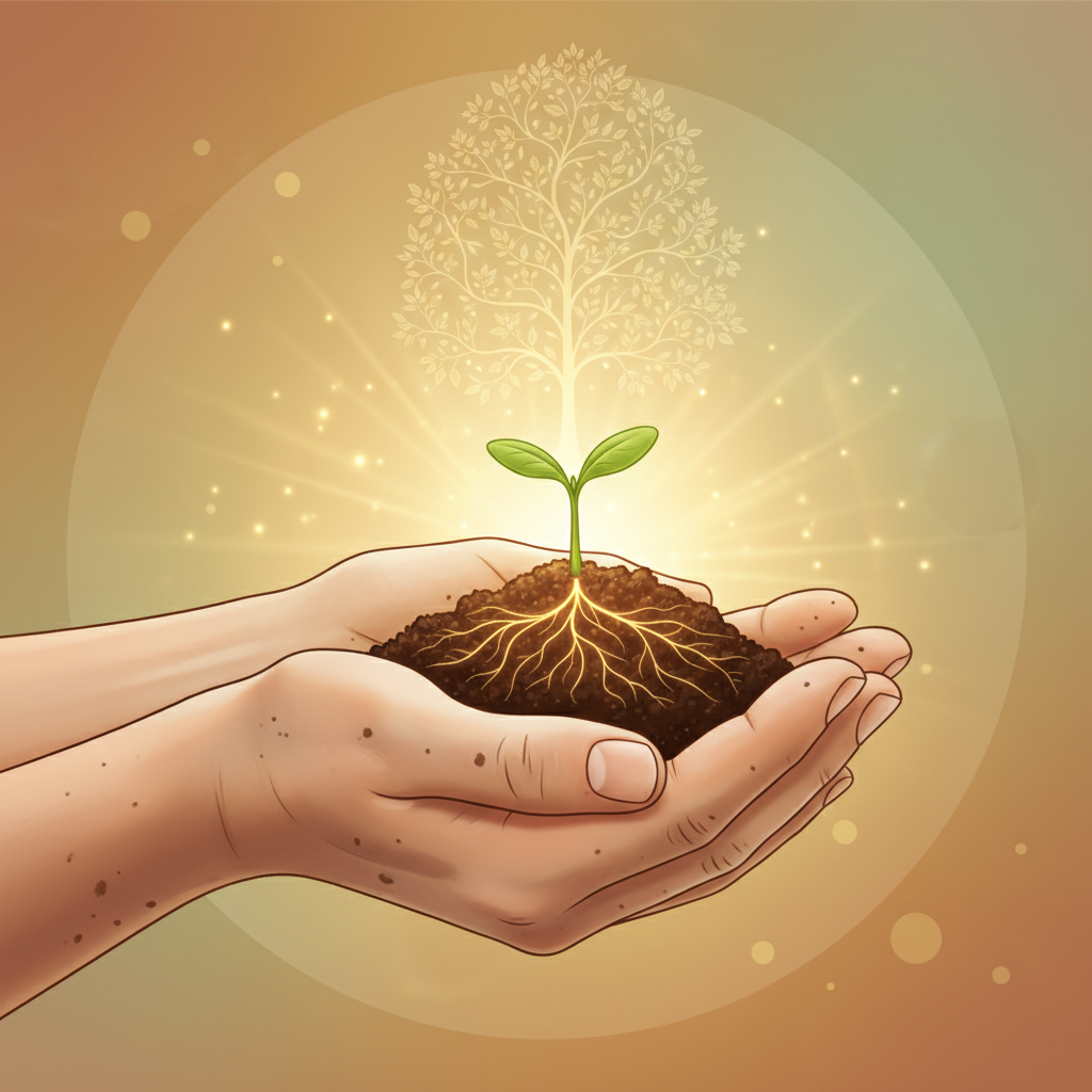 illustration of a small seedling plant being cared for by hands, growth concept, pilot stage, warm human feel