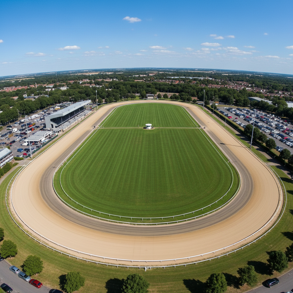 Aerial view of a standard oval greyhound racing track, green infield, sandy track surface, daylight