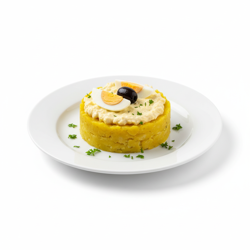 Classic Causa de Pollo on a plate, garnished with a slice of hard boiled egg and a black olive, minimalist presentation, white background