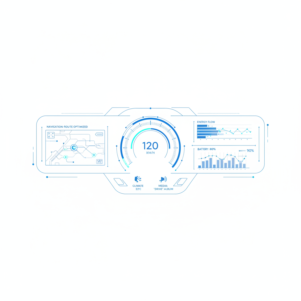 minimalist abstract representation of a car dashboard interface with data points, blueprint style, white background