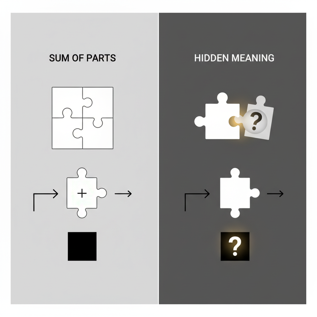 Minimalist diagram illustration showing 'sum of parts' versus 'hidden meaning'. A puzzle piece fitting perfectly versus a puzzle piece hiding a secret compartment.