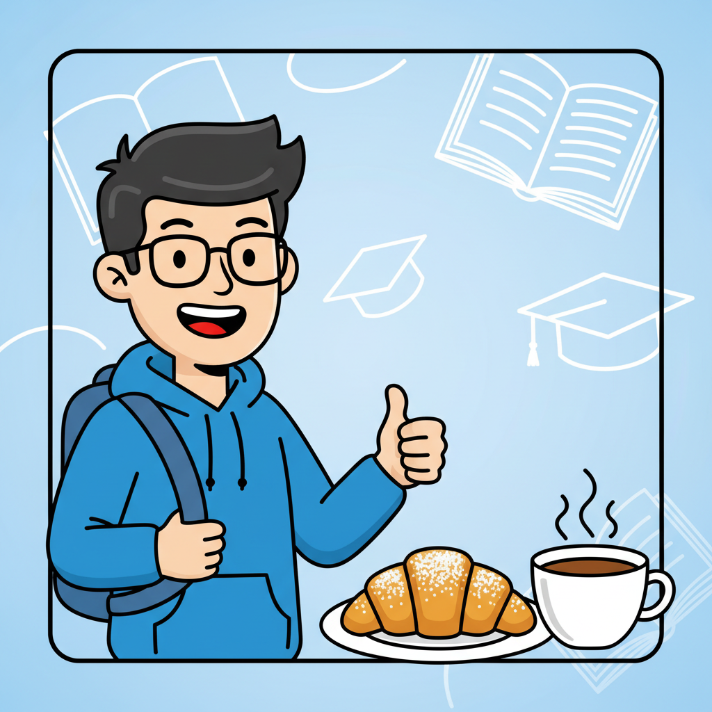 Illustration of a student giving a thumbs up next to a pastry, simple vector style