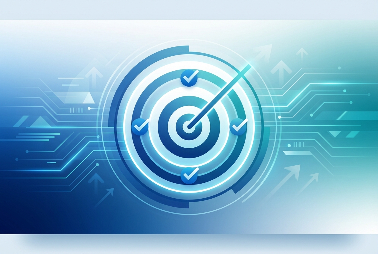 Abstract digital illustration of a target or goal with checkmarks, business blue style