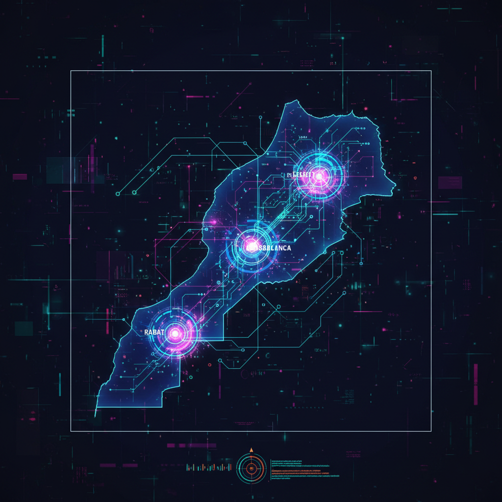 futuristic map of Morocco glowing with neon connection lines, digital interface style, Rabat and Casablanca highlighted, dark tech background